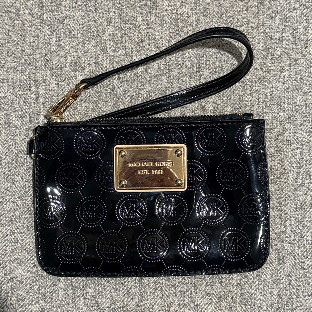 Michael Kors Glossy Black Wristlet with Gold Accents